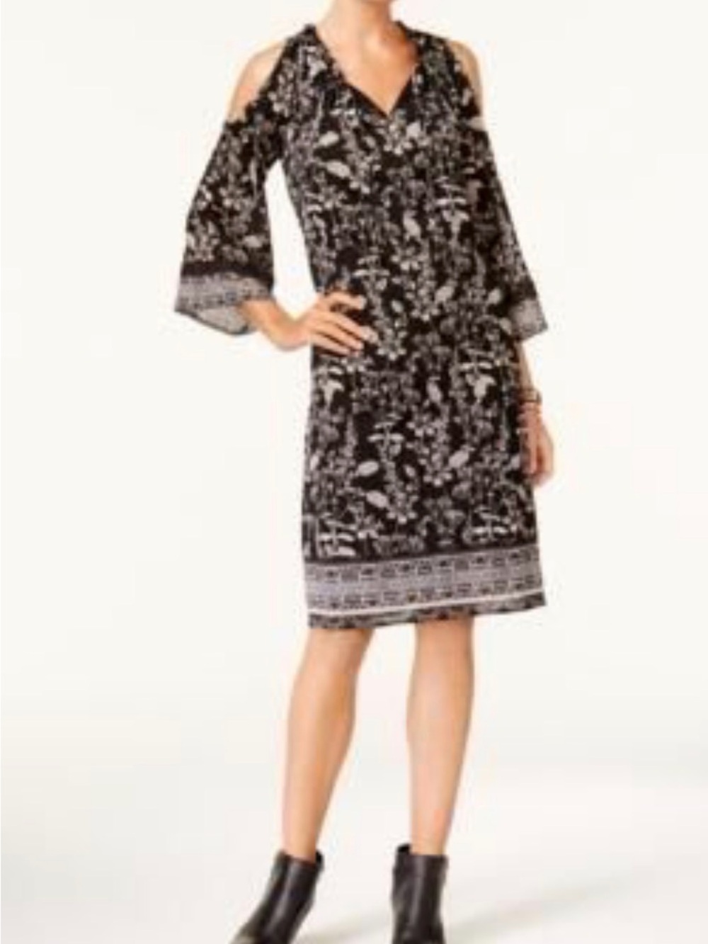Style & Co. Black and White Cold-Shoulder Floral Shift Dress